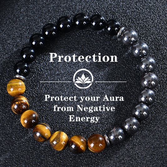 Black Obsidian Tiger Eye Hematite Bracelet for Men - Triple Protection Bracelet