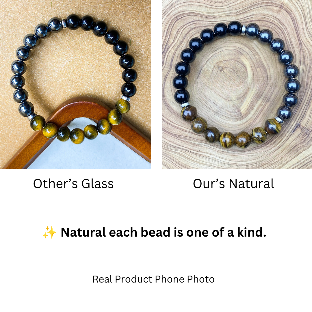 Close-up of genuine Black Obsidian Tiger Eye and Hematite bracelet our natural quality compare with other glass imitation bracelet